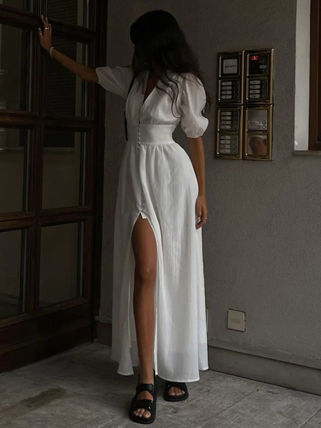 Irina® | Bubble Sleeves Frenchy Button Split Long Dress