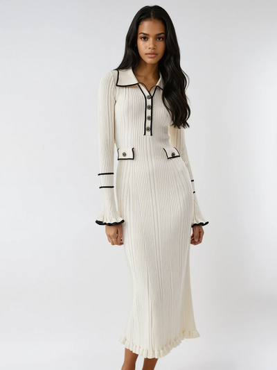 Cristina® | Oldmoney Style Contrast Ruffled Trim Midi Dress
