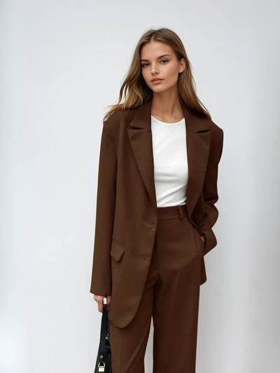 Léonie® | Mocha Vintage Blazer & Wide-leg Pants Matching Set