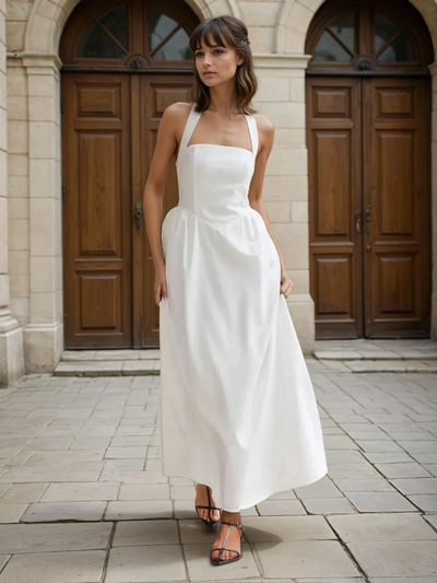 Ayşe® | Simple and Chic Cotton & Linen Halter A Line Long Dress