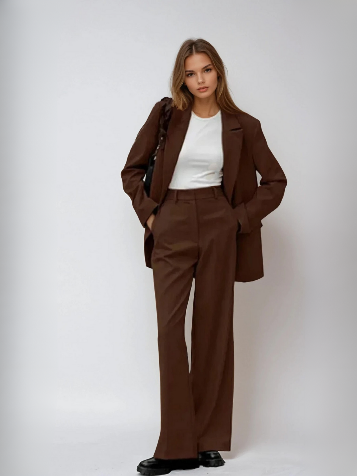 Léonie® | Mocha Vintage Blazer & Wide-leg Pants Matching Set