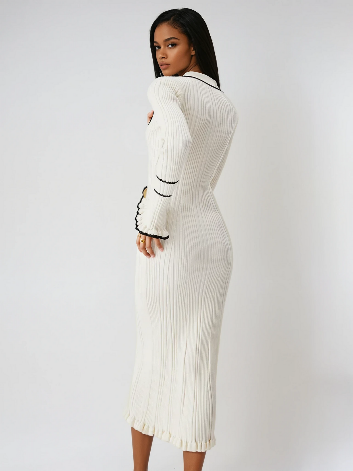 Cristina® | Oldmoney Style Contrast Ruffled Trim Midi Dress