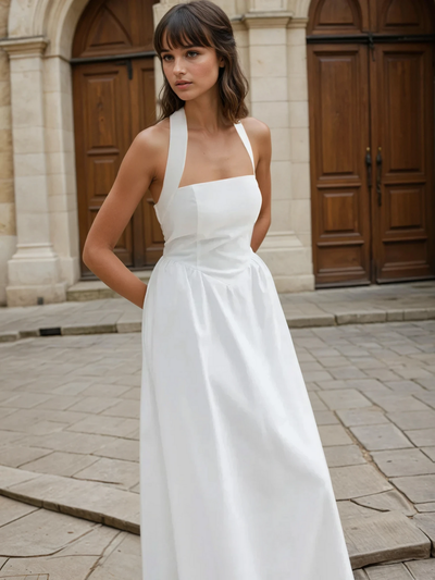 Ayşe® | Simple and Chic Cotton & Linen Halter A Line Long Dress