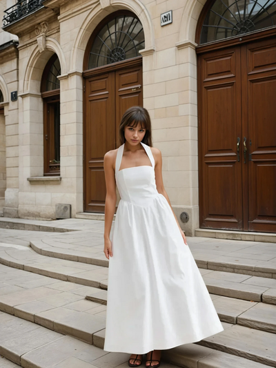 Ayşe® | Simple and Chic Cotton & Linen Halter A Line Long Dress
