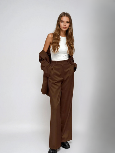 Léonie® | Mocha Vintage Blazer & Wide-leg Pants Matching Set