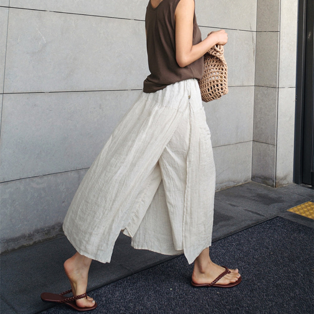 Jule® | MV Elegant Linen Wide-Leg Pants With Double Pockets Skirt