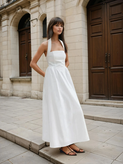 Ayşe® | Simple and Chic Cotton & Linen Halter A Line Long Dress