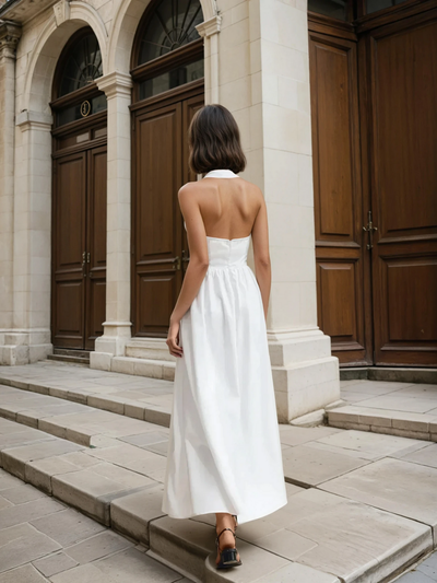 Ayşe® | Simple and Chic Cotton & Linen Halter A Line Long Dress