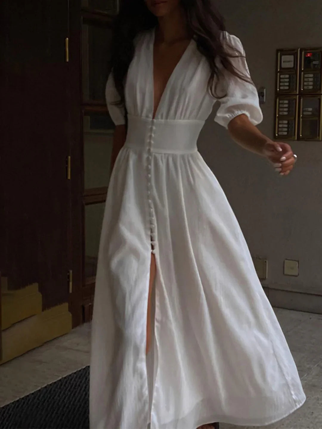 Irina® | Bubble Sleeves Frenchy Button Split Long Dress