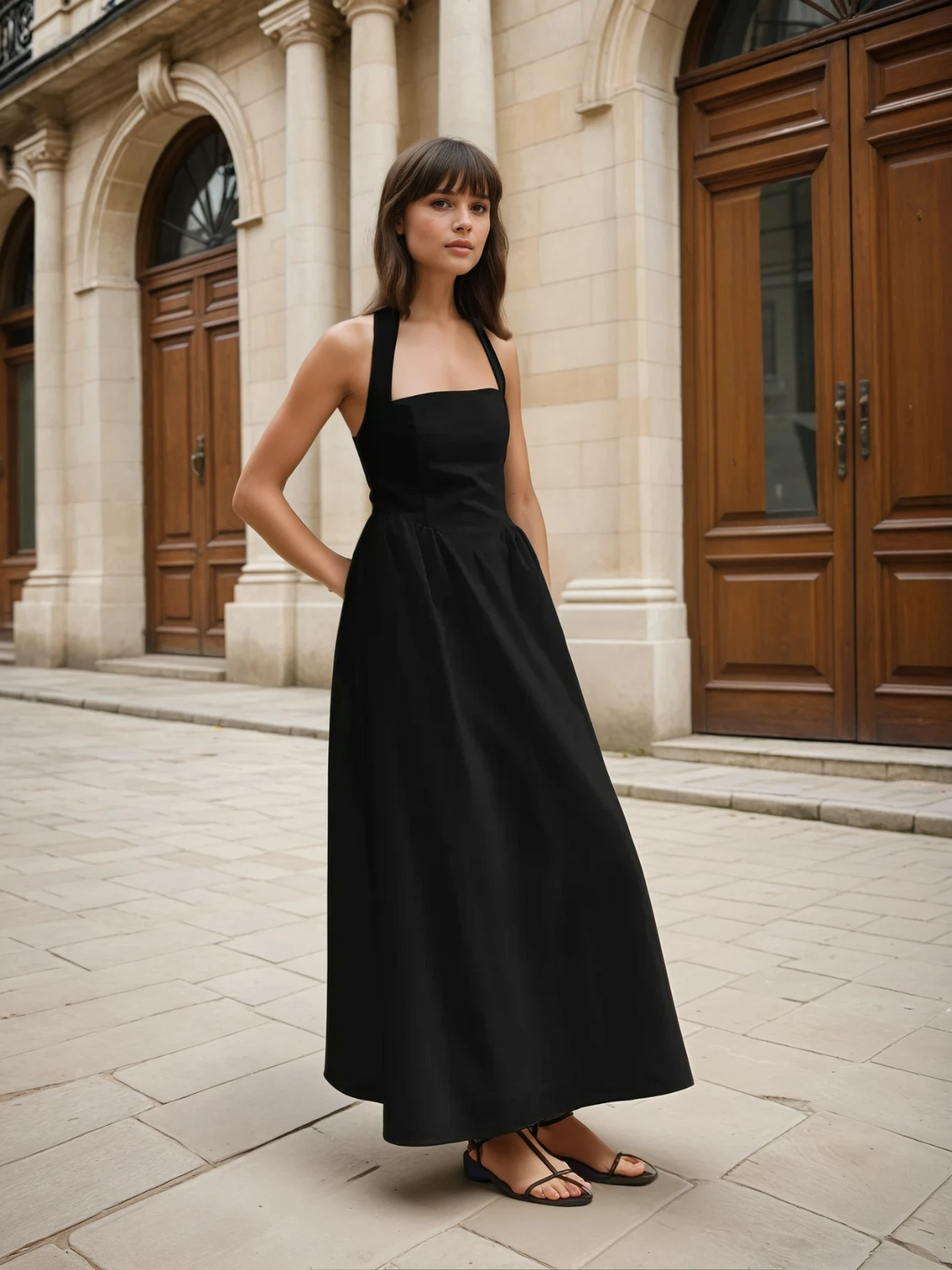 Ayşe® | Simple and Chic Cotton & Linen Halter A Line Long Dress