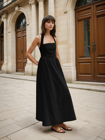 Ayşe® | Simple and Chic Cotton & Linen Halter A Line Long Dress