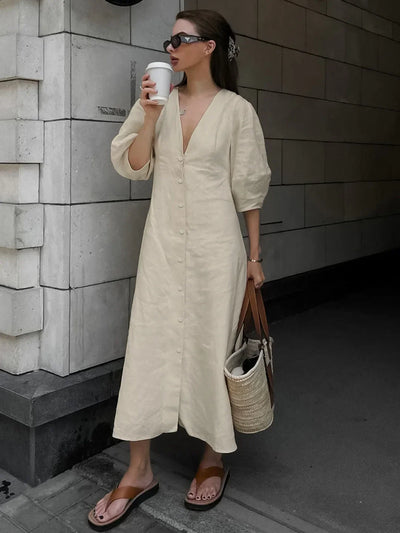 Margot® | Cotton & Linen Button-Front Knotted Long Dress