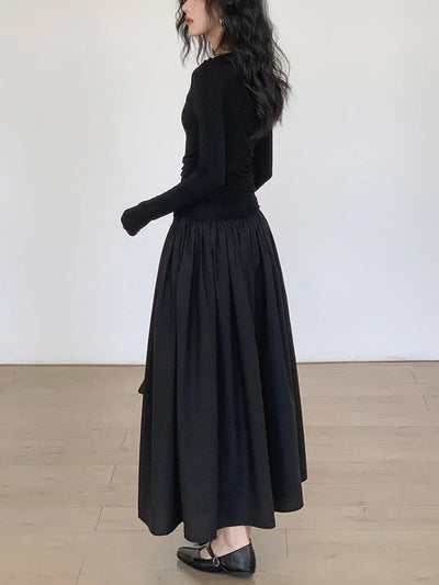 Elżbieta® | Pleated Patchwork Knit Long Sleeve Midi Dress