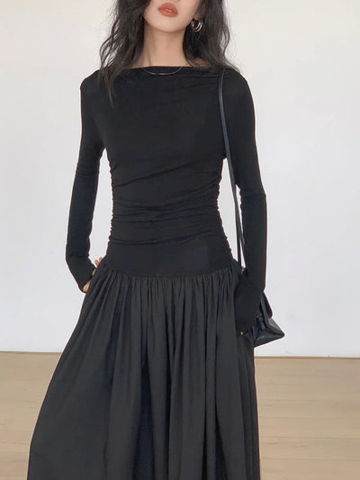 Elżbieta® | Pleated Patchwork Knit Long Sleeve Midi Dress