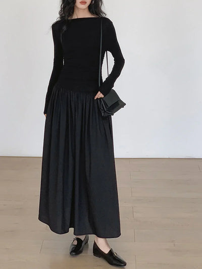 Elżbieta® | Pleated Patchwork Knit Long Sleeve Midi Dress