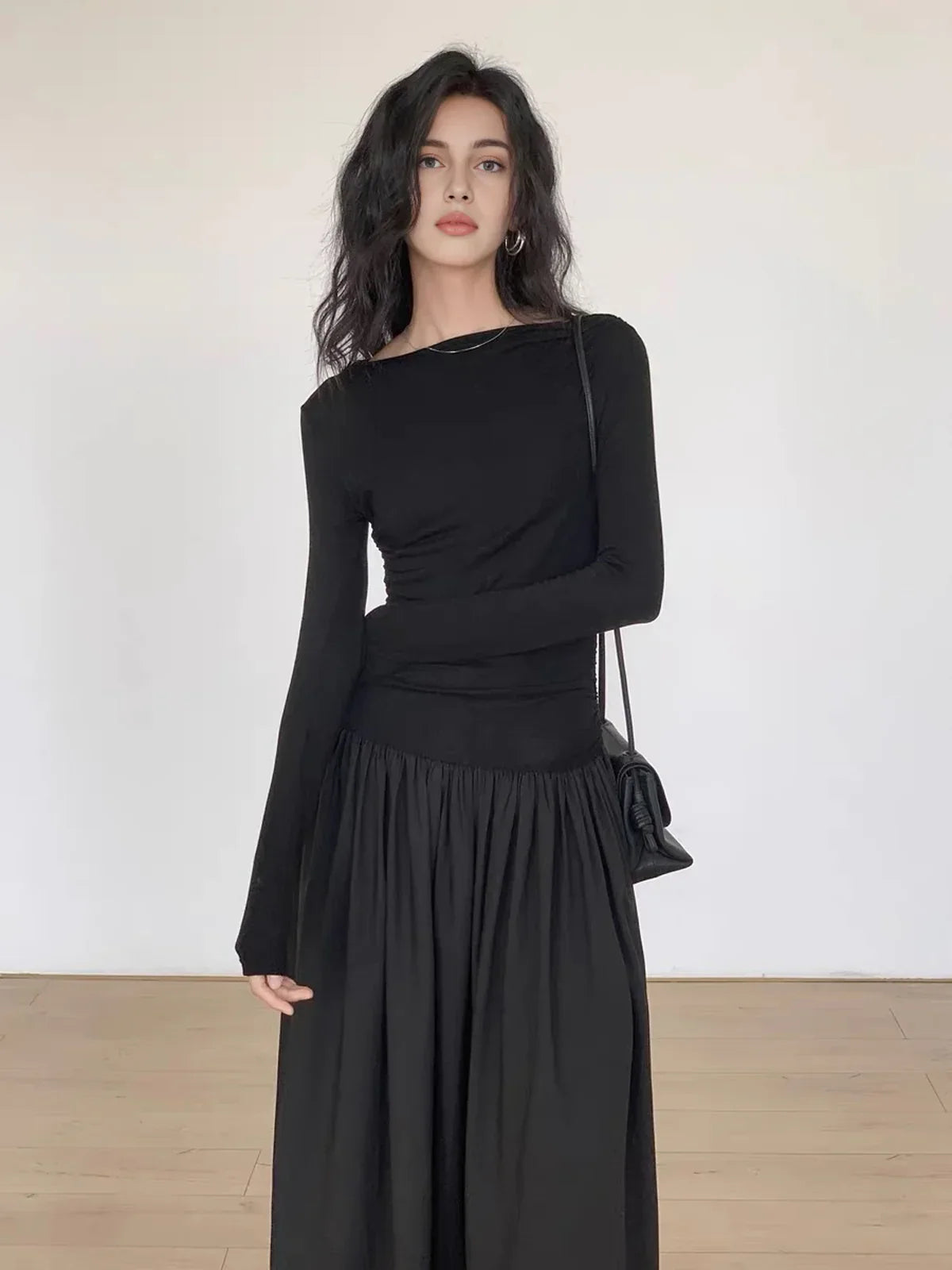 Elżbieta® | Pleated Patchwork Knit Long Sleeve Midi Dress