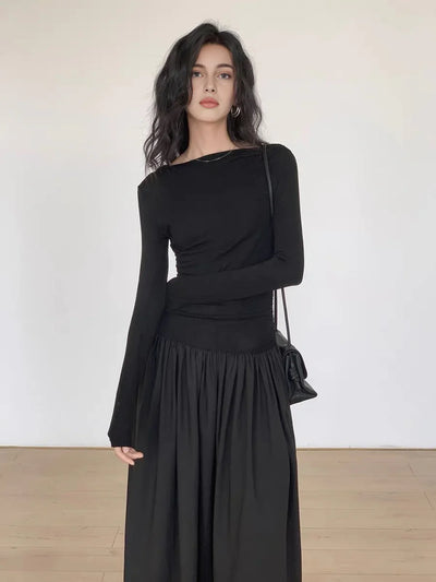 Elżbieta® | Pleated Patchwork Knit Long Sleeve Midi Dress