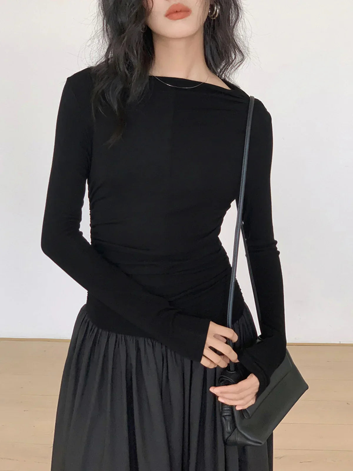 Elżbieta® | Pleated Patchwork Knit Long Sleeve Midi Dress
