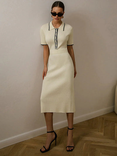 Fleur® | Contrast Trim Rib Knit Short Sleeve Midi Dress