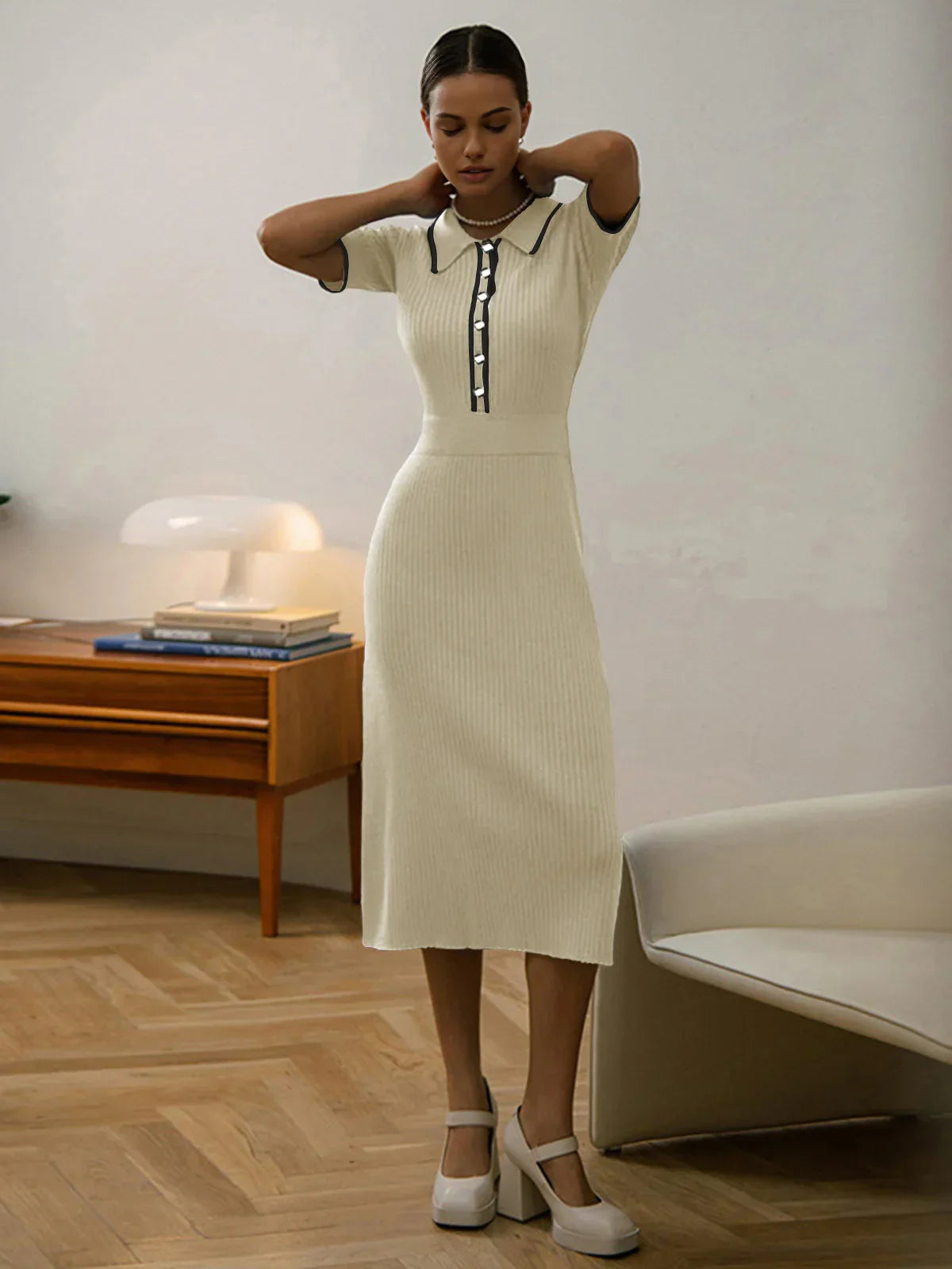 Fleur® | Contrast Trim Rib Knit Short Sleeve Midi Dress