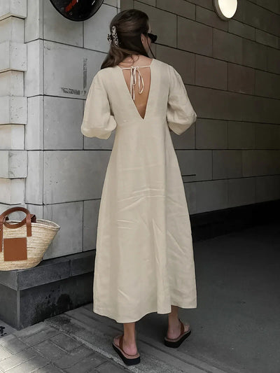 Margot® | Cotton & Linen Button-Front Knotted Long Dress