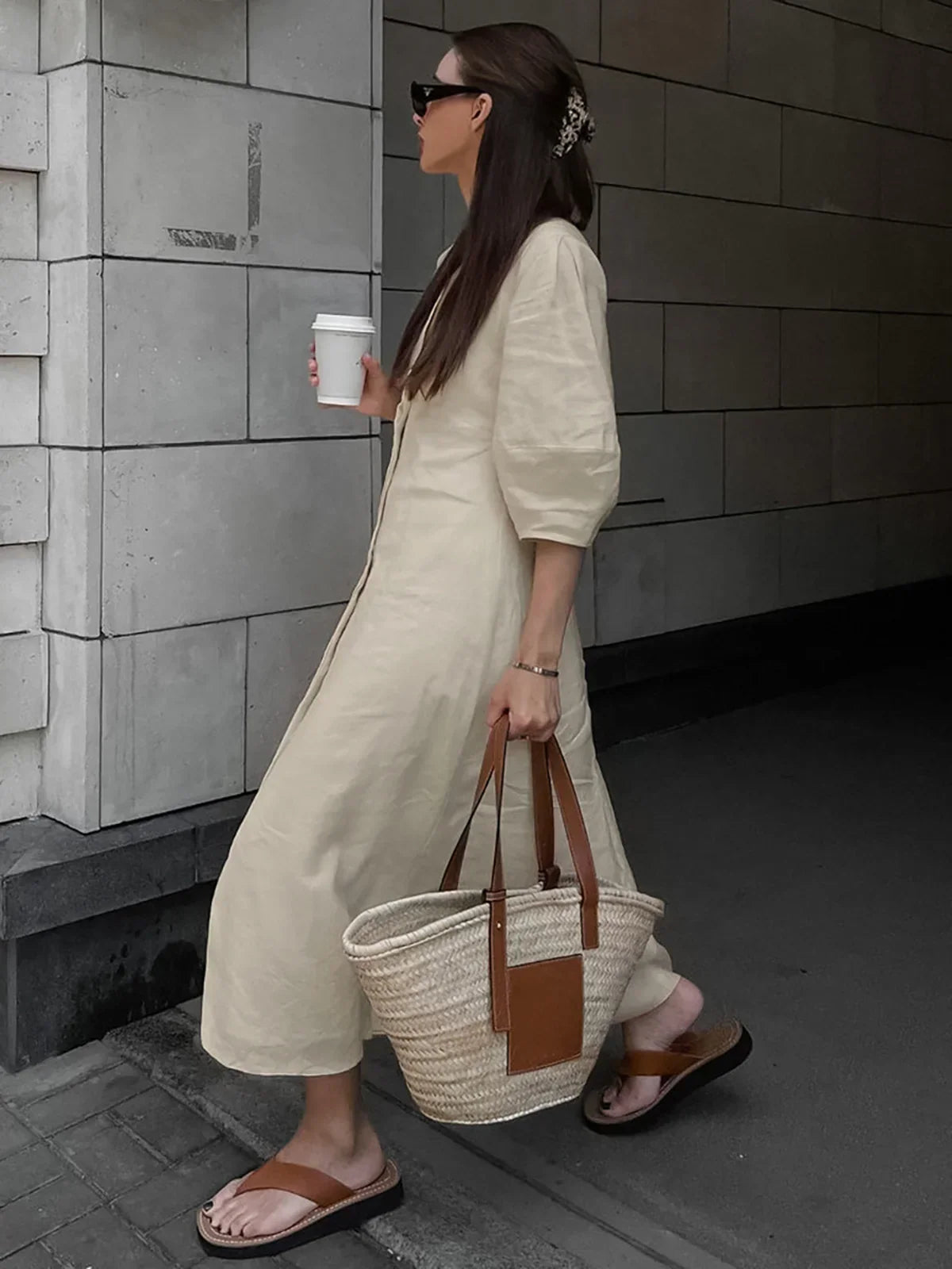 Margot® | Cotton & Linen Button-Front Knotted Long Dress