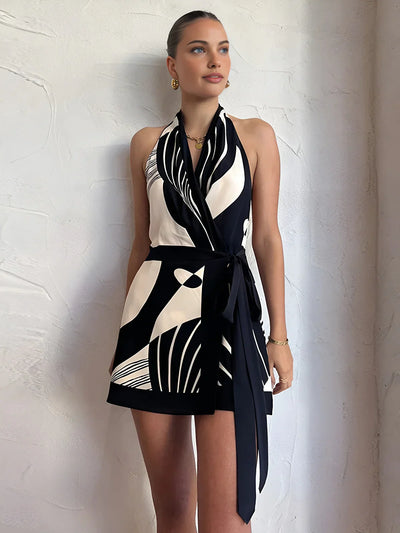 Sophie® | Contrast Color Print Halter Belted Short Dress