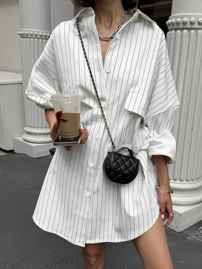 Adéla® | Striped Large Pockets Long Sleeve Shirt