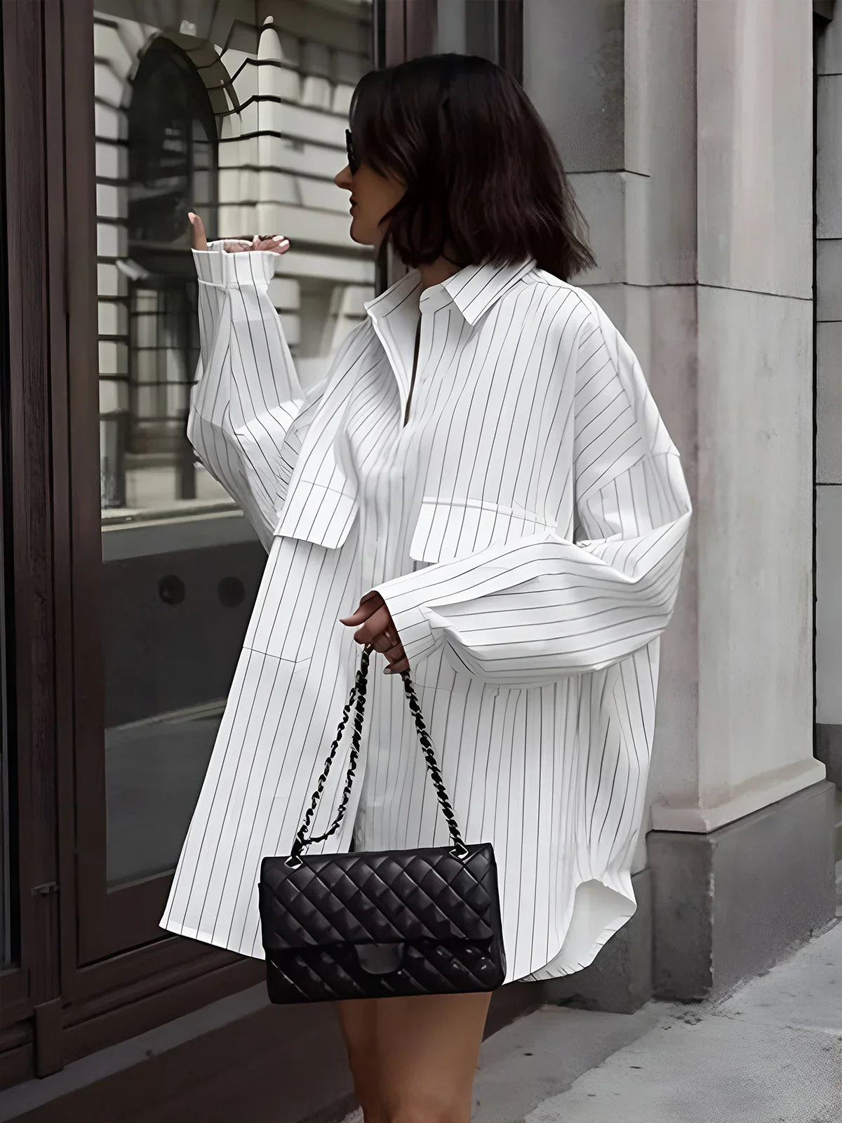 Adéla® | Striped Large Pockets Long Sleeve Shirt