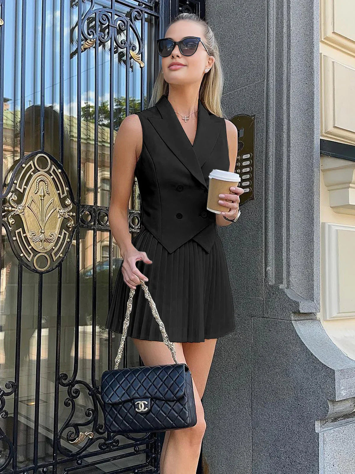 Natálie® | Suit Waistcoat & Pleated Mini Skirt Set