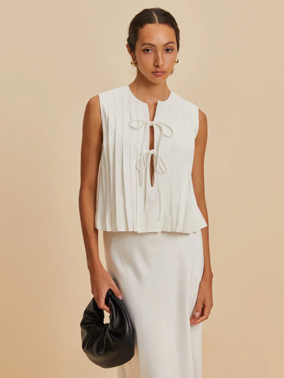 Beata® | Pleated Knotted Sleeveless Blouse