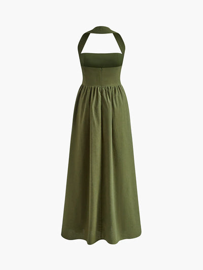 Ayşe® | Simple and Chic Cotton & Linen Halter A Line Long Dress