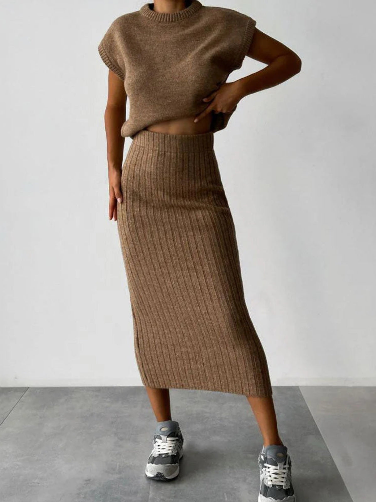 Andrea® | Chunky Knit Tank Top and High Waist Midi Knit Skirt Matching Set