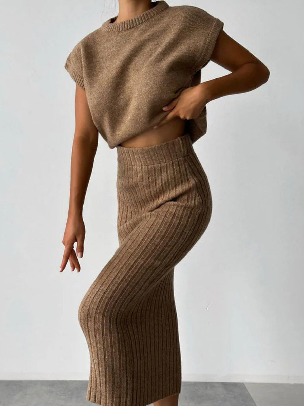 Andrea® | Chunky Knit Tank Top and High Waist Midi Knit Skirt Matching Set