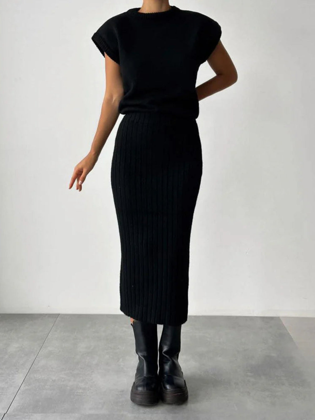 Andrea® | Chunky Knit Tank Top and High Waist Midi Knit Skirt Matching Set