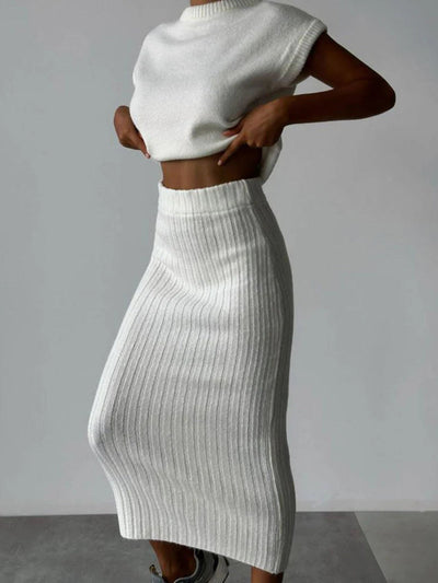 Andrea® | Chunky Knit Tank Top and High Waist Midi Knit Skirt Matching Set