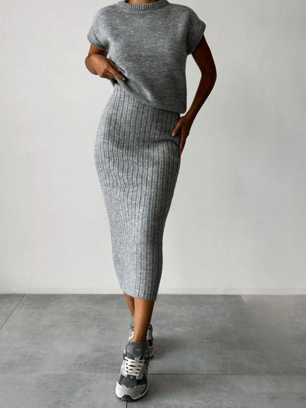 Andrea® | Chunky Knit Tank Top and High Waist Midi Knit Skirt Matching Set