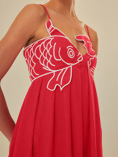 Destiny® | Embroidered Fish Spaghetti Strap Midi Dress