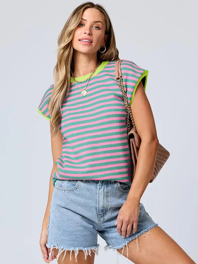Daisy® | Contrast Color Round Neck Striped Knitted Top