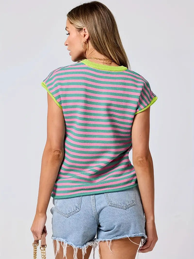 Daisy® | Contrast Color Round Neck Striped Knitted Top