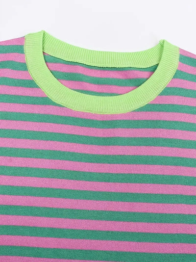 Daisy® | Contrast Color Round Neck Striped Knitted Top