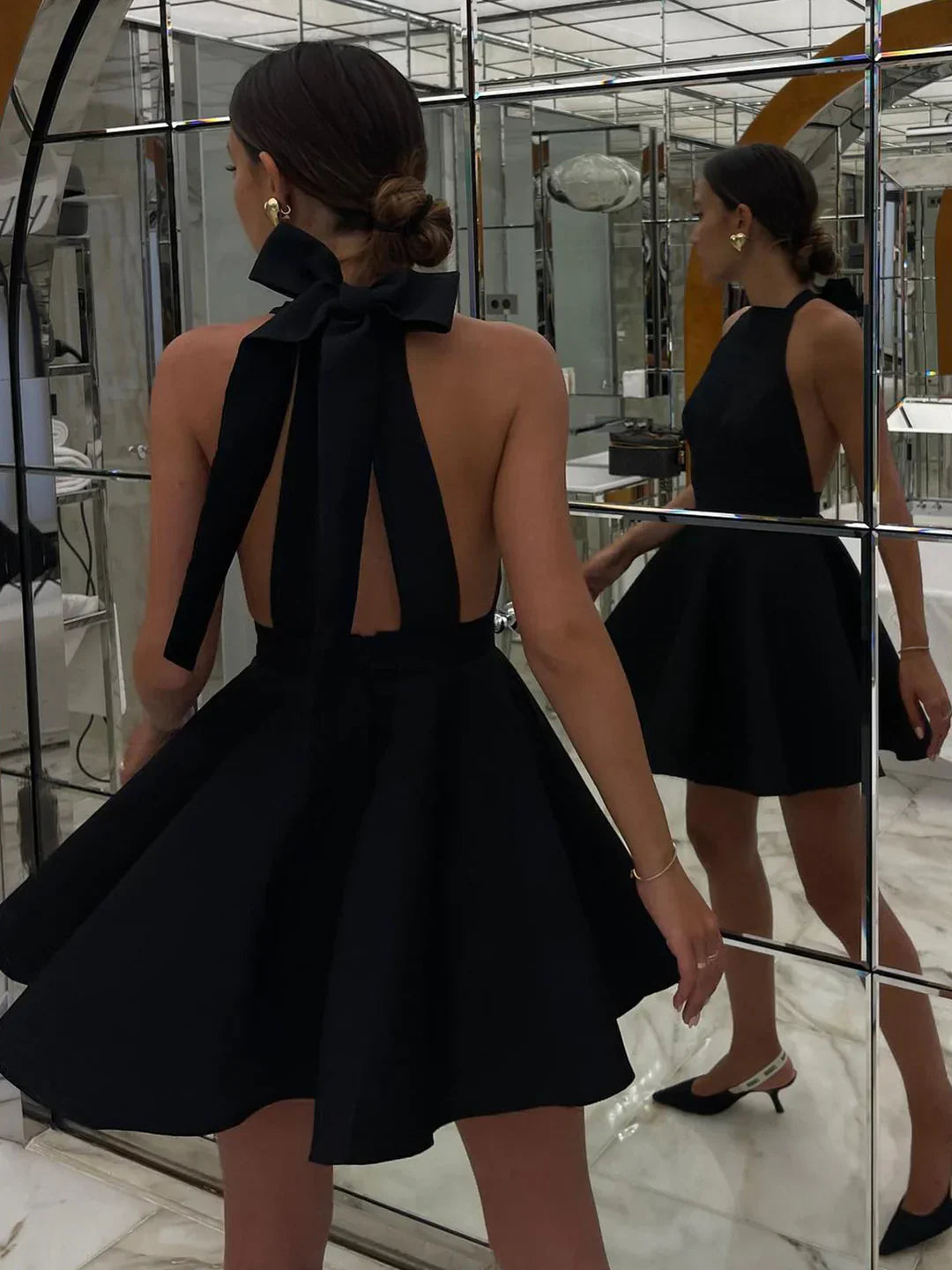 Mette® | Satin Knotted Double Pockets Open Back Pleated Mini Dress