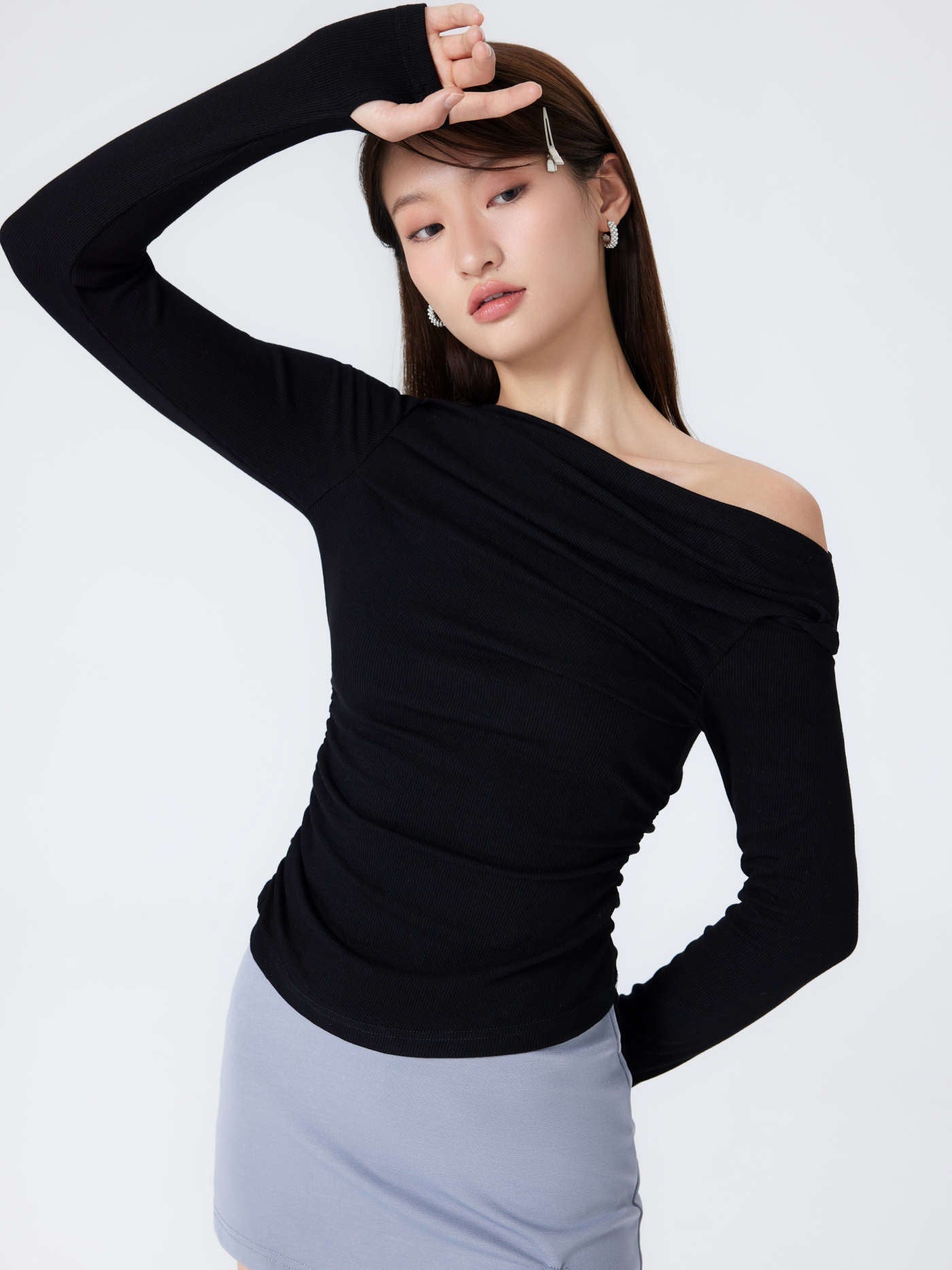 Albina® | Solid Asymmetrical Neck Long Sleeve Top