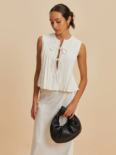 Beata® | Pleated Knotted Sleeveless Blouse