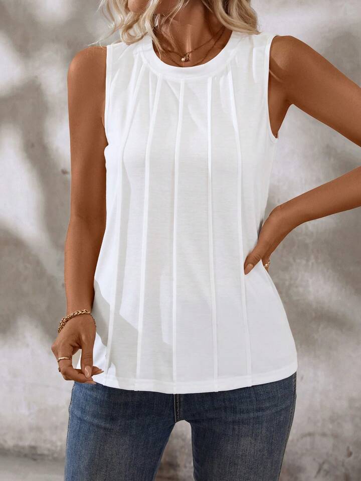 Liridona® | Solid Color Round-Neck Pleated Casual Tank Top
