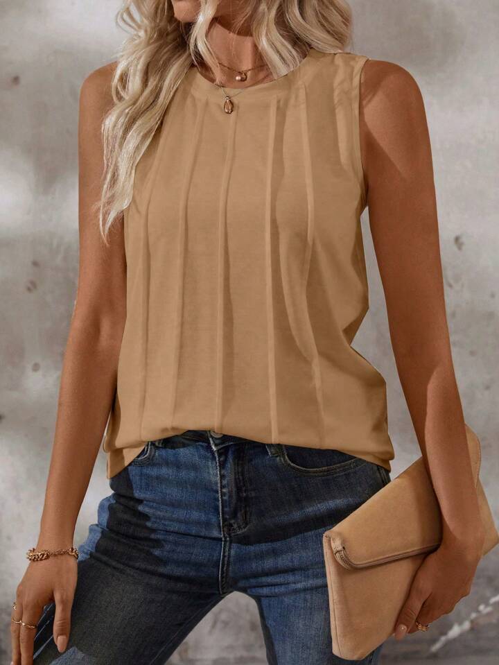 Liridona® | Solid Color Round-Neck Pleated Casual Tank Top