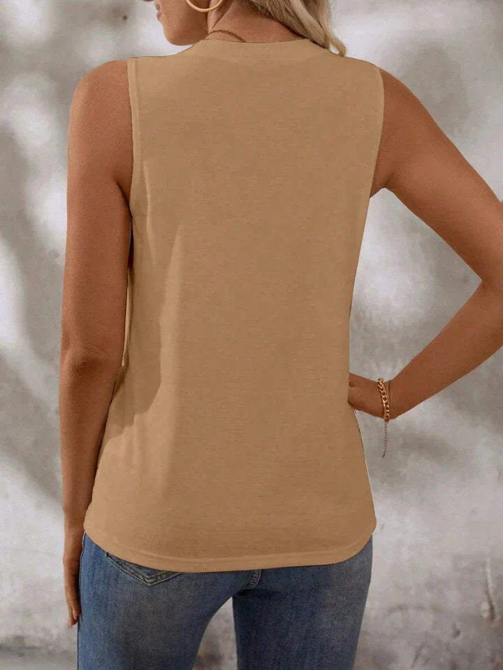 Liridona® | Solid Color Round-Neck Pleated Casual Tank Top