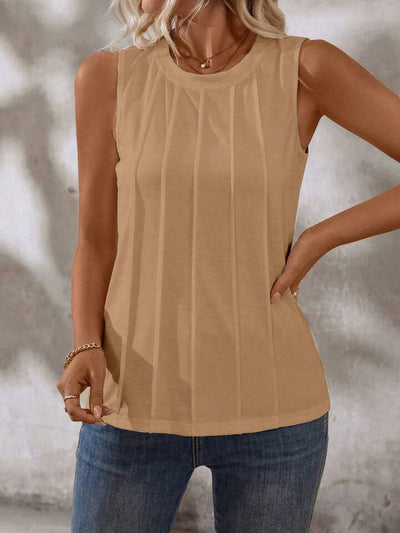 Liridona® | Solid Color Round-Neck Pleated Casual Tank Top