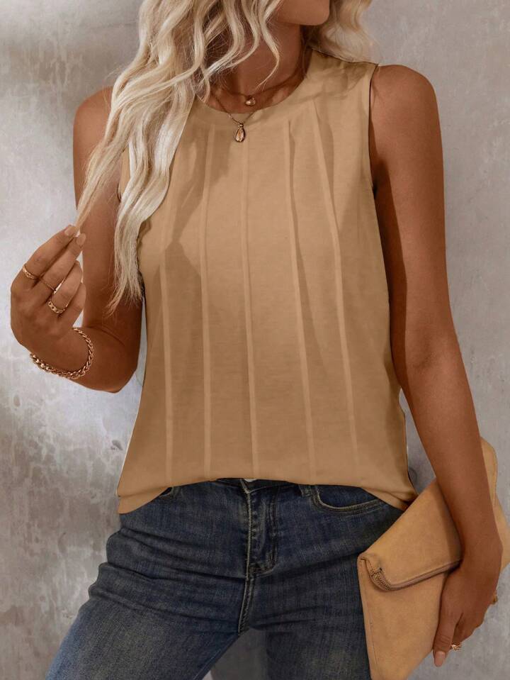 Liridona® | Solid Color Round-Neck Pleated Casual Tank Top