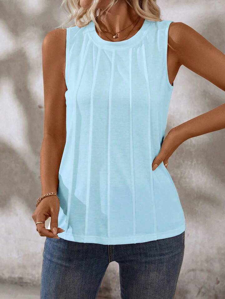 Liridona® | Solid Color Round-Neck Pleated Casual Tank Top